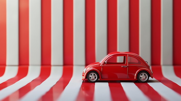 A red toy car sitting on a red and white striped surface