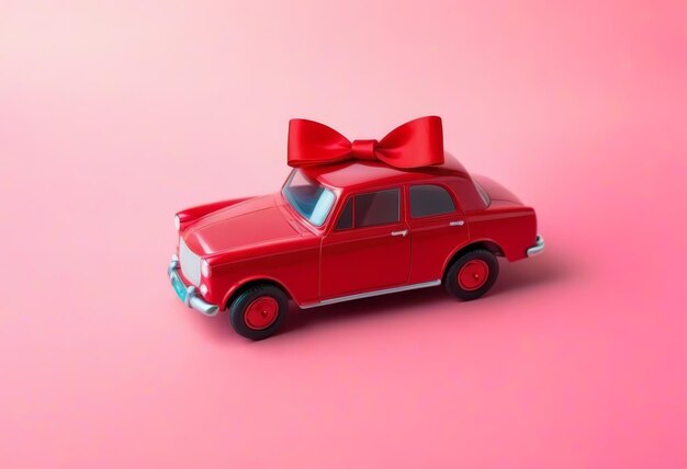 Photo a red toy car with a bow on a pink background with hearts scattered around it