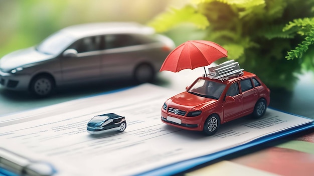 Red toy car with an umbrella on a document next to a silver car