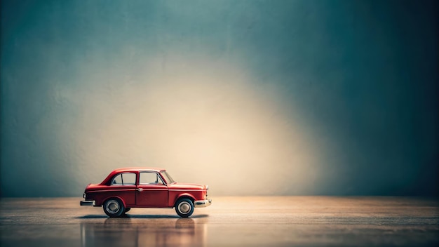 Photo red toy car on wooden table with blurred background