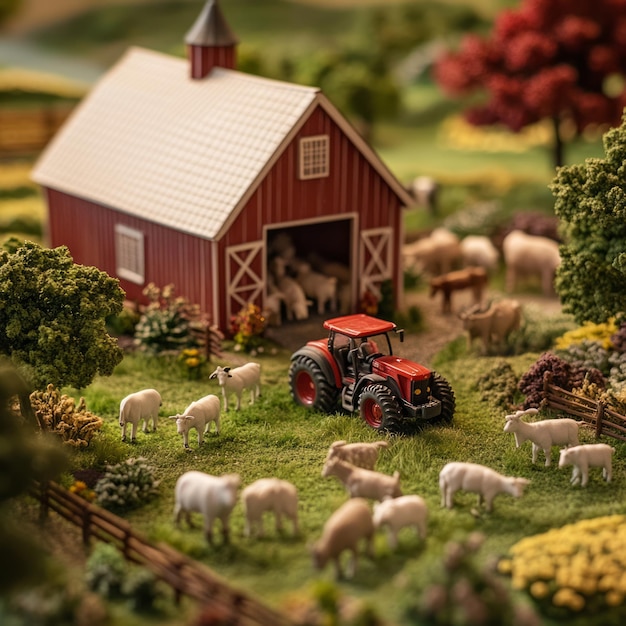 Photo a red toy tractor stands in front of a red barn with white sheep on a grassy field