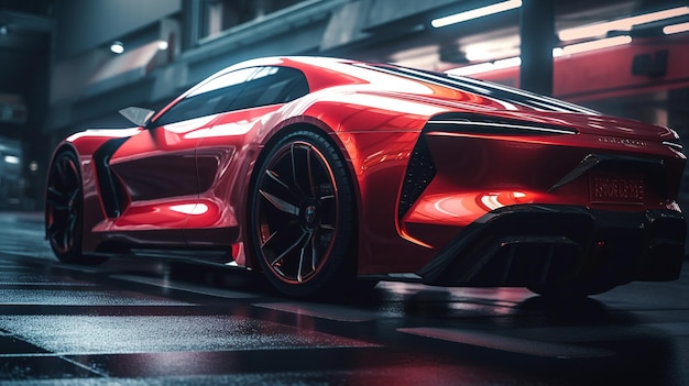 A red toyota gtr is driving on a rainy street