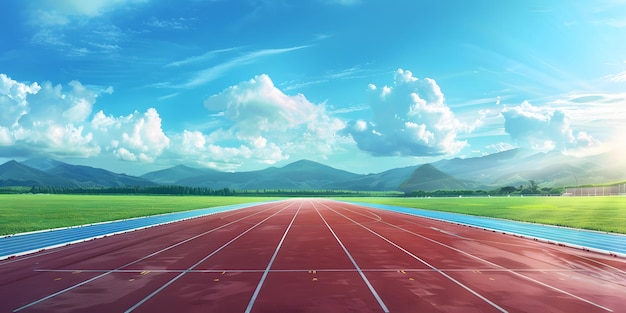 a red track with a green field and mountains in the background