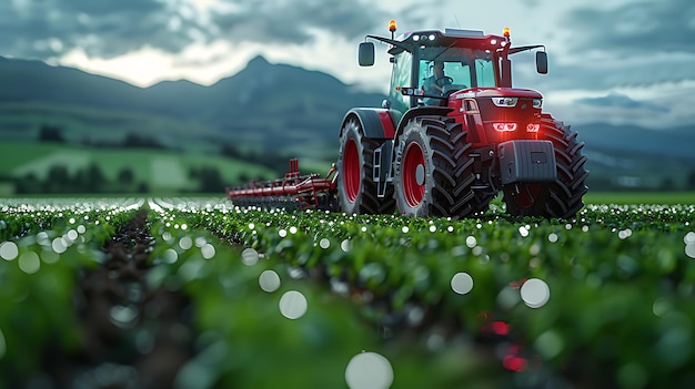 A red tractor drives through a field