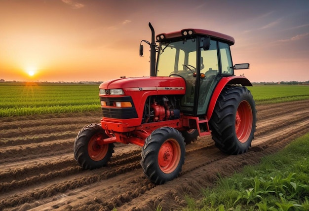 a red tractor is driving down a dirt road