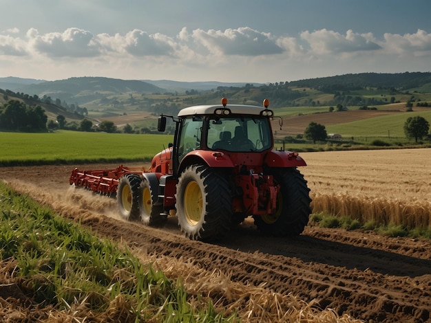 Photo a red tractor is driving down a dirt road