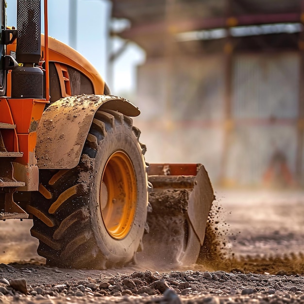 Photo a red tractor is driving through a muddy field