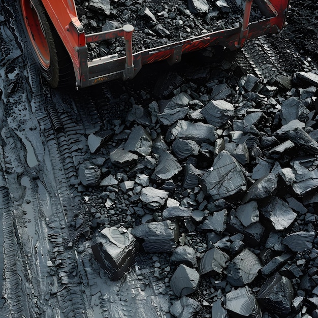 a red tractor is driving through a rocky area