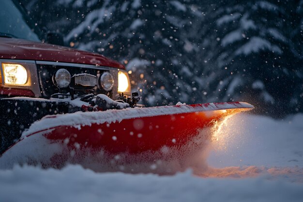 Photo a red tractor is driving through the snow with the headlights on