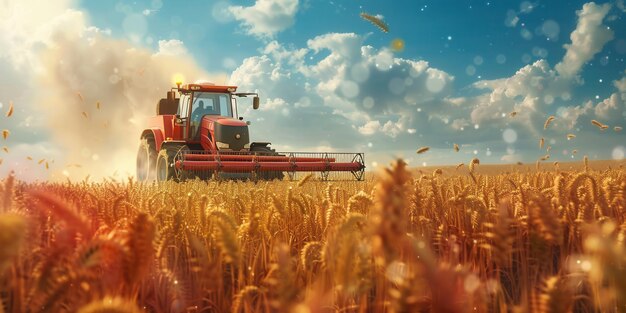 a red tractor is in a field of wheat and the sky is blue