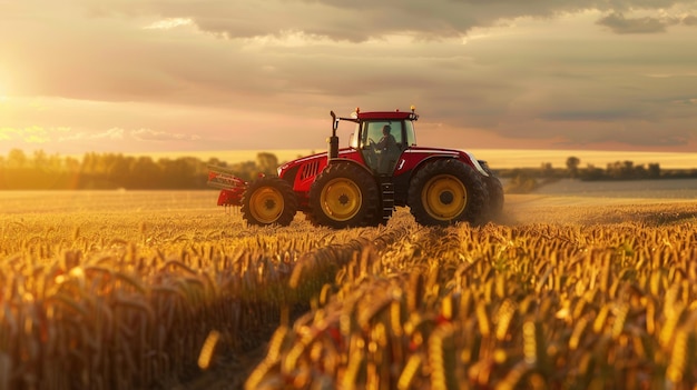 a red tractor is in a field of wheat