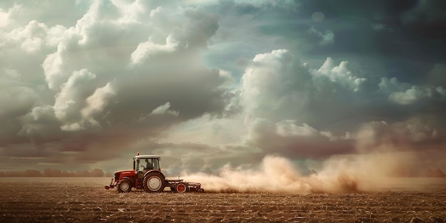 a red tractor is in a field with clouds in the background