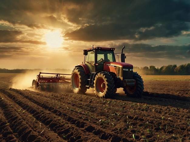 a red tractor is in a field with the sun behind it