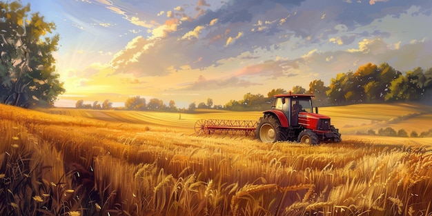 a red tractor is in a field with the sunset in the background