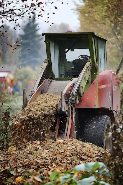 Photo a red tractor is parked in a field with a lot of leaves on it