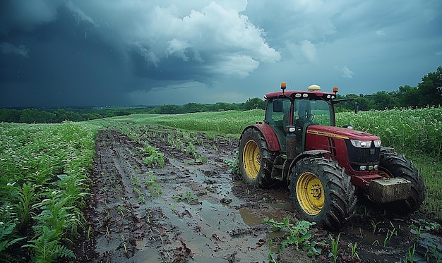 a red tractor is plowing a field with a storm in the background