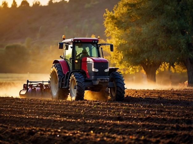 a red tractor is plowing a field with the word plow on it