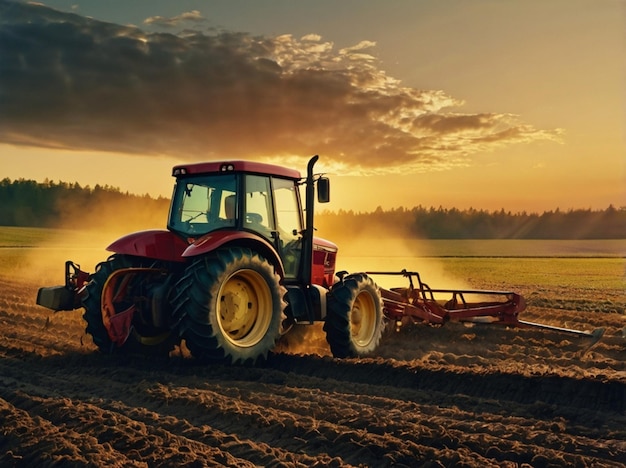 a red tractor is plowing a field with the words farmer on the side