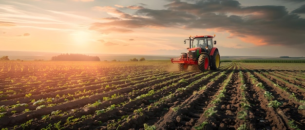 A red tractor working a field at sunset the sun shining through the clouds