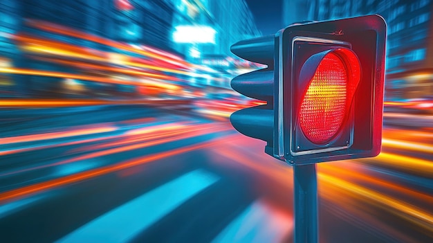 Photo red traffic light at night with cars in motion blur urban city street scene at night