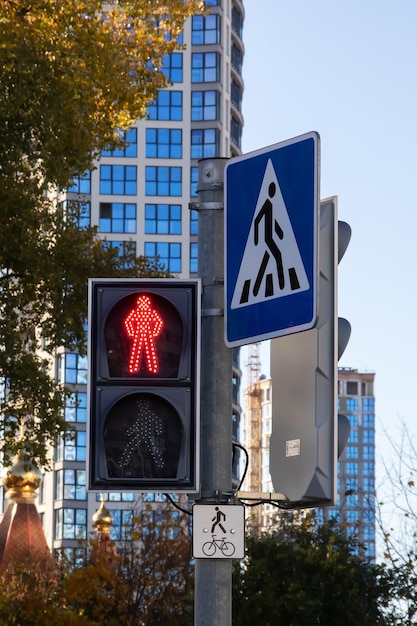 Red traffic light for pedestrians close up