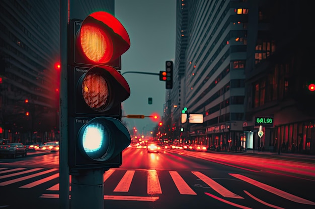 Red traffic light with view of busy city street at night