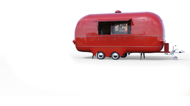 A red trailer with a window that says'the tiny house'on it