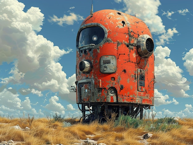 a red train car with a blue sky and clouds in the background