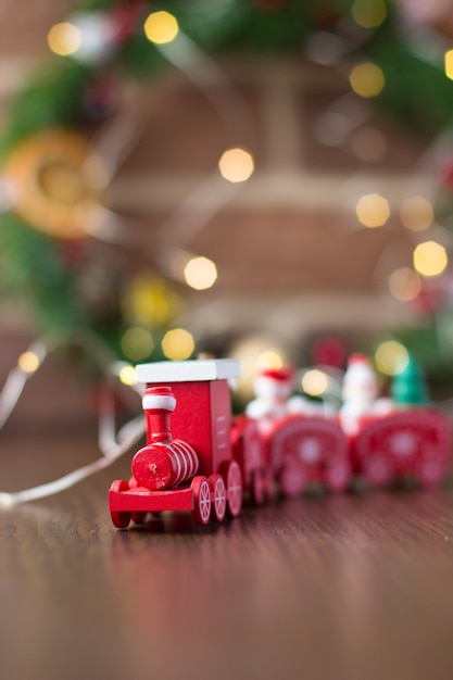 Red train over christmas decorations