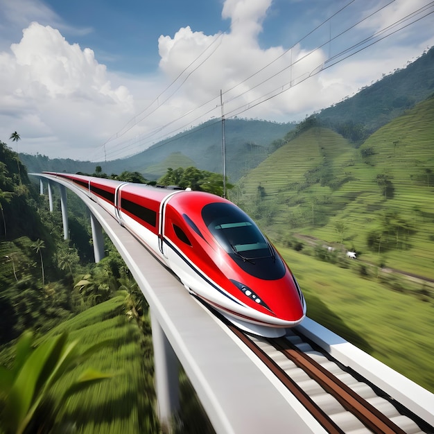 Photo a red train is going over a bridge with rice fields in the background