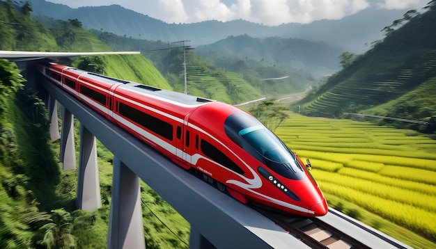 Photo a red train is going over a bridge with rice fields in the background