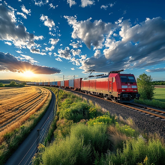 a red train is going down the tracks in the countryside