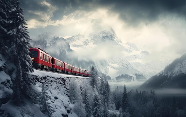 a red train traveling along the tracks in the snow in the style of mountainous vistas