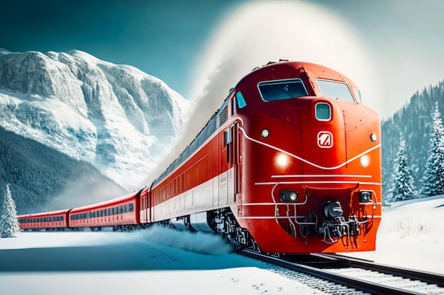 Red train traveling down train tracks next to snow covered mountain range Generative AI