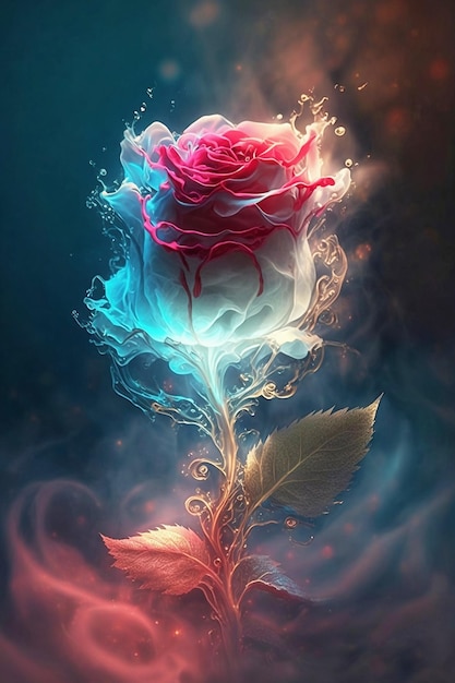 Red translucent rose in blue and red light