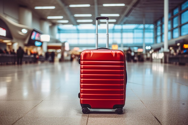 Red travel luggage suitcase in airport generative AI