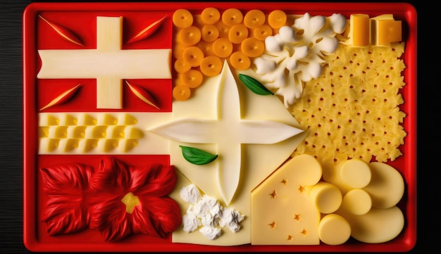 A red tray with different types of cheese and the word swiss on it.