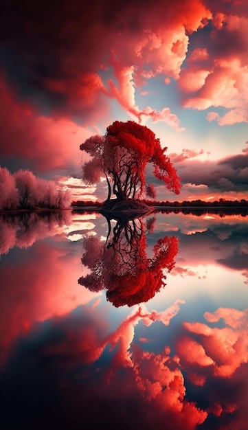 A red tree is reflected in the water.