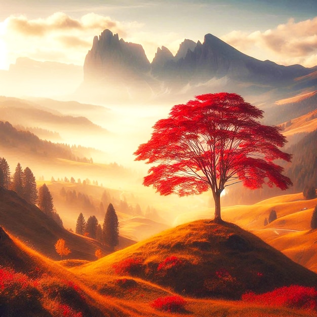 a red tree in a landscape with mountains in the background