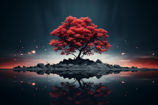 a red tree sits on top of a rock in the middle of the ocean