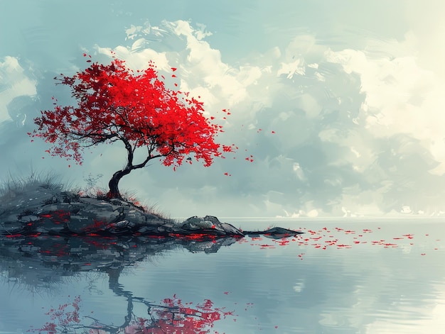 a red tree with a reflection of a mountain and the sky in the background