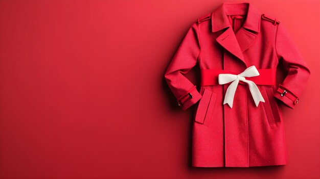 Red Trench Coat with White Bow on Red Background