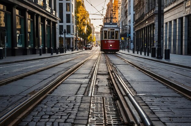 a red trolley is going down the street with the number 3 on the front