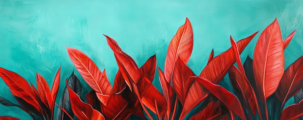 Photo red tropical leaves against teal background vibrant nature details botanical art concept