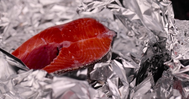 red trout meat while cooking in foil