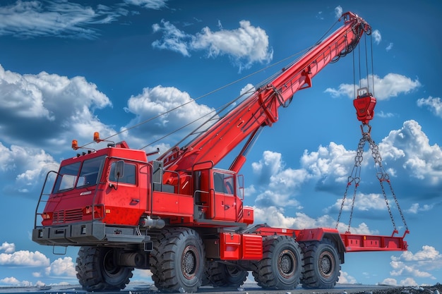 Red truck crane boom with hooks and scale weight above blue sky crane crane