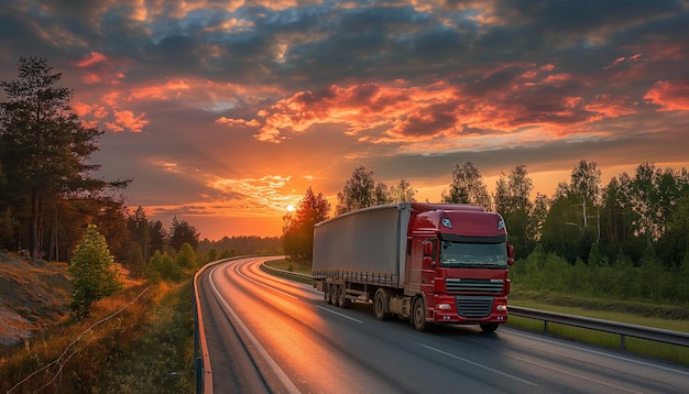 a red truck drives down a road with a sunset in the background