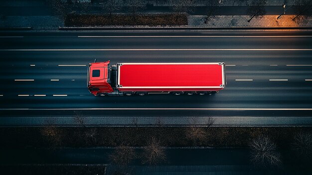 Photo a red truck is driving down a highway with a red truck on the road