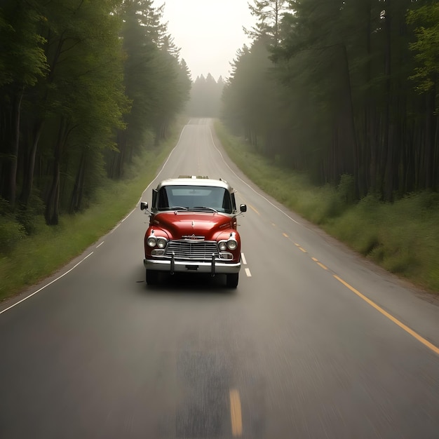 a red truck is driving down a road with trees in the background