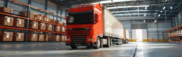 A red truck parked inside a modern warehouse with high shelves filled with brown boxes and organized